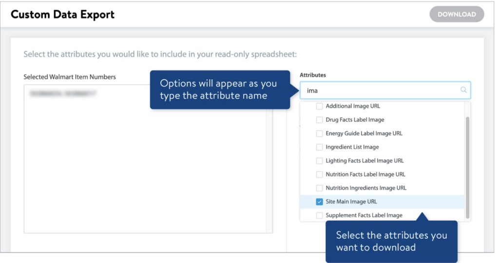 Walmart Custom Data Export page with product attributes drop down